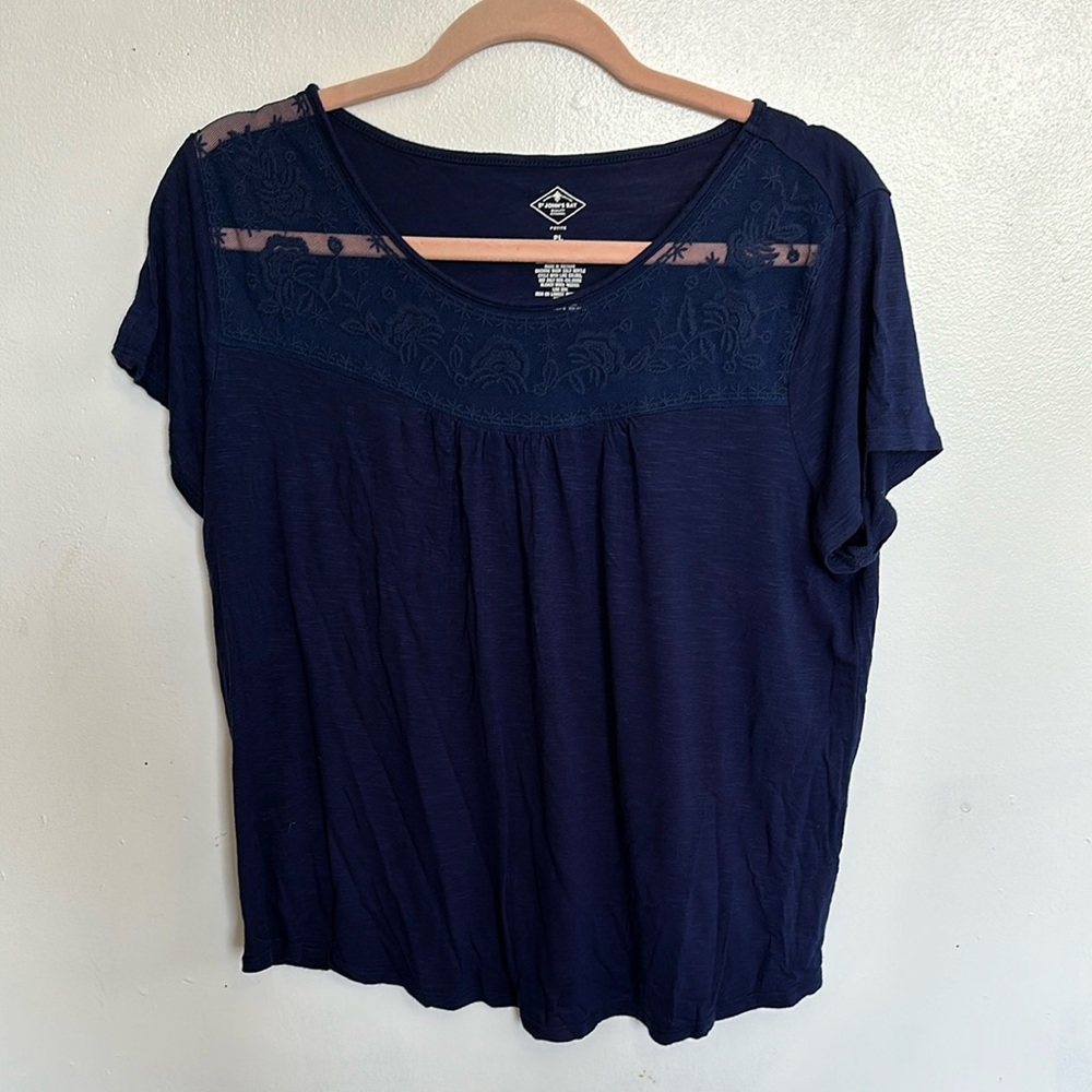 Navy Blue Short Sleeve Top with Lace Detail
